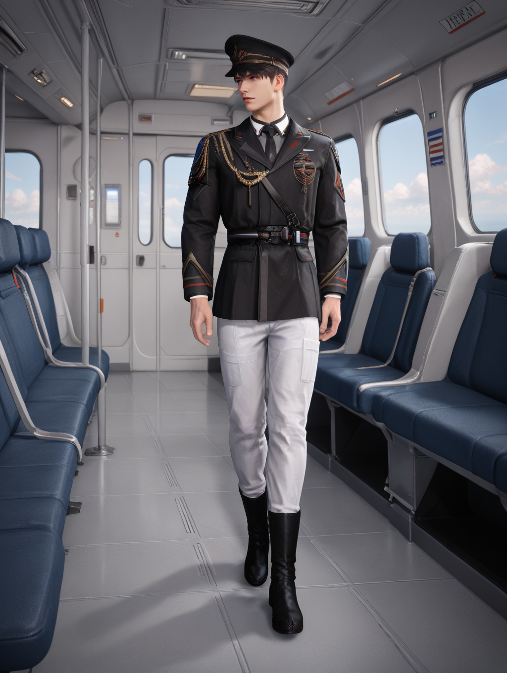 score_9,score_8_up,score_7_up,1boys,solo,yaoi,bara,male focus,nsfw,uncersored,highres,best quality,amazing quality,best aesthetic,absurdres,<lora:caleb-000004:0.8>,caleb,military uniform,airplane interior,holding helmet,looking to the side,full body, white pants,black boots,walking,
