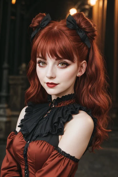 upper body, a badass GothGal, 28 years old, (from Germany:1.3), slaying it, wearing a red GothGal outfit, red dress, ribbon, frills, Long eyelashes, thick lips rosy cheeks, cuteness overload , moody atmosphere, dimples, Resist her cuteness!!!, cute smile, fair pale skin, oily skin, radiant eyes, Faux hawk hair cut, Copper hair color, direct flash photography, overexposed, grainy, <lora:edgGothGal_MINI:0.75>