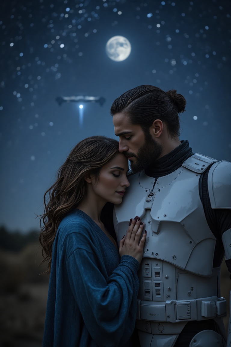 On a breathtaking starry night, a woman with cascading wavy brown hair, shimmering like silk under the celestial glow, enjoys a tranquil moment. She is adorned in a flowing blue Jedi robe, its fabric gently rippling in the cool evening breeze, reminiscent of the vast sky above her. The robe contrasts beautifully with the vibrant colors of the cosmos, where countless stars twinkle like diamonds scattered across a velvet canvas.

She rests her head tenderly against the broad chest of a bearded man clad in stark white space trooper armor, its surface gleaming under the light of distant galaxies. The armor, while formidable, embodies a warmth and protection that envelops her in security. Their connection is palpable; the steady rhythm of his heartbeat is a comforting lullaby, mingling with the soft sighs of the wind.

Around them, the serene landscape is punctuated by the gentle hum of distant spacecraft and the occasional trill of aliens in the far-off trees, enhancing the feelings of isolation and intimacy. A silvery moon hangs high, casting a soft light over the peaceful scene, illuminating the man’s rugged features and the woman’s content smile. The air is filled with a subtle blend of freshly awakened earth and the metallic tang of space, heightening the moment’s romantic atmosphere as they share unspoken dreams beneath the infinite expanse of stars.