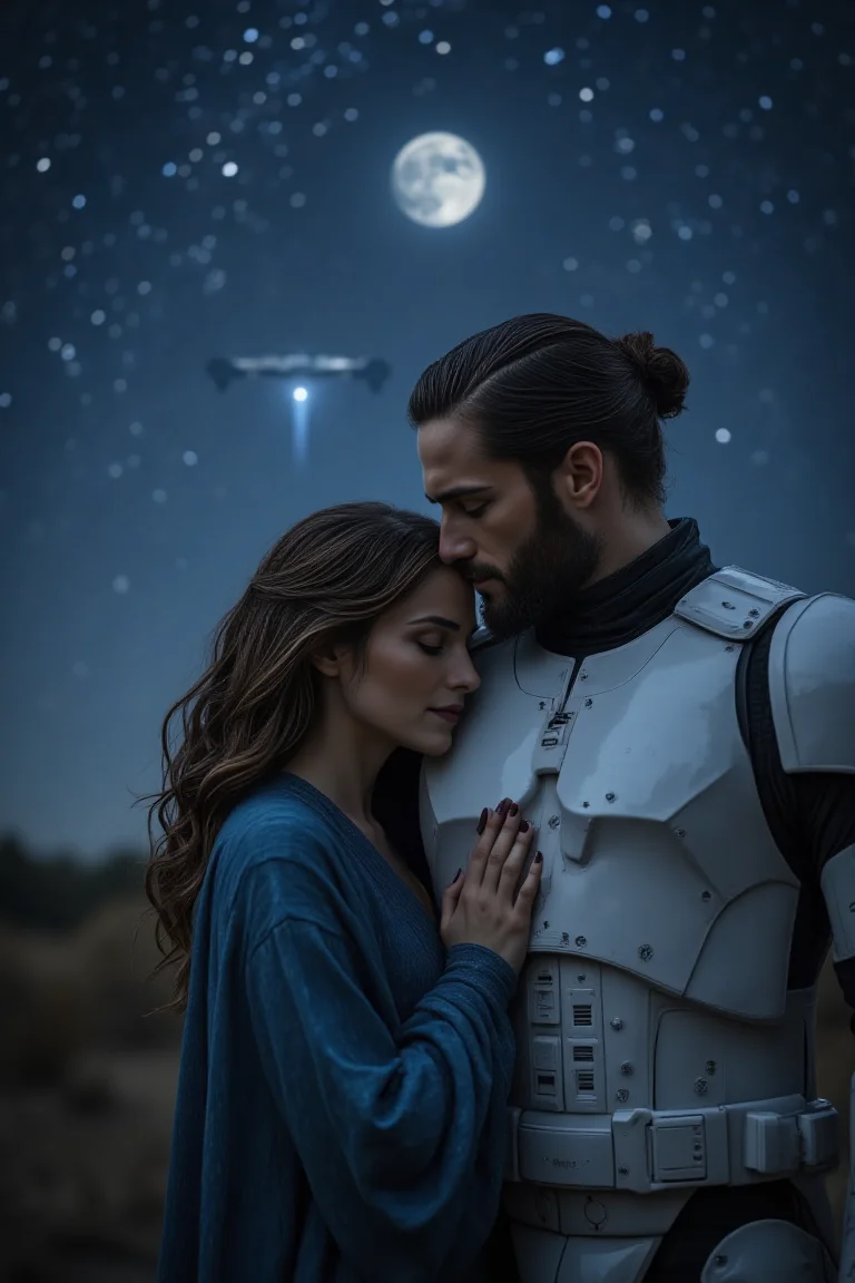 On a breathtaking starry night, a woman with cascading wavy brown hair, shimmering like silk under the celestial glow, enjoys a tranquil moment. She is adorned in a flowing blue Jedi robe, its fabric gently rippling in the cool evening breeze, reminiscent of the vast sky above her. The robe contrasts beautifully with the vibrant colors of the cosmos, where countless stars twinkle like diamonds scattered across a velvet canvas.
She rests her head tenderly against the broad chest of a bearded man clad in stark white space trooper armor, its surface gleaming under the light of distant galaxies. The armor, while formidable, embodies a warmth and protection that envelops her in security. Their connection is palpable; the steady rhythm of his heartbeat is a comforting lullaby, mingling with the soft sighs of the wind.
Around them, the serene landscape is punctuated by the gentle hum of distant spacecraft and the occasional trill of aliens in the far-off trees, enhancing the feelings of isolation and intimacy. A silvery moon hangs high, casting a soft light over the peaceful scene, illuminating the man’s rugged features and the woman’s content smile. The air is filled with a subtle blend of freshly awakened earth and the metallic tang of space, heightening the moment’s romantic atmosphere as they share unspoken dreams beneath the infinite expanse of stars.