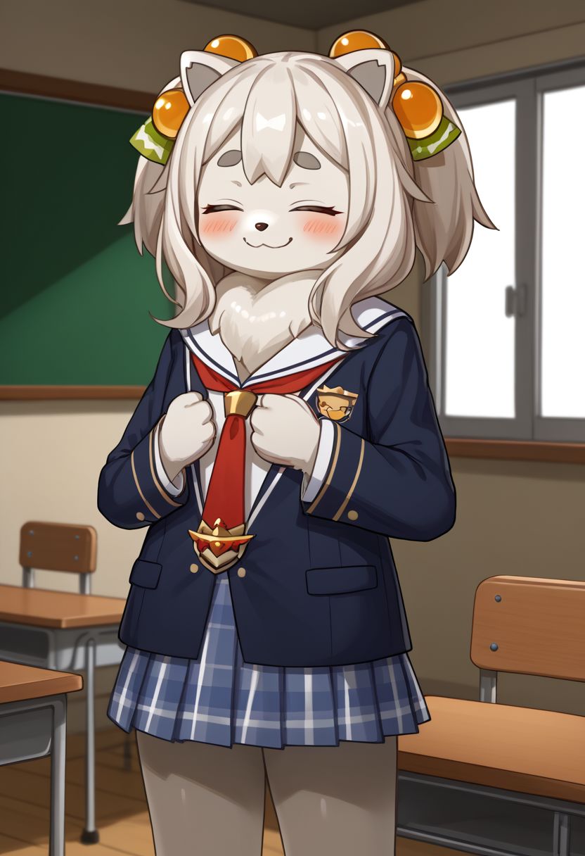 (absurdres), (highest_quality), (masterpiece), fini_(world_flipper), furry, kemono, anthro, 1girl, solo, closed eyes, blushing, grinning, smiling, flat chest, young, alternate outfit, seifuku, school outfit, detailed shading