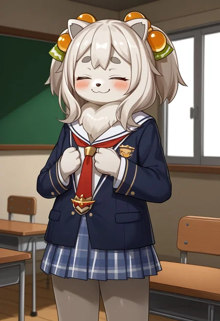 (absurdres), (highest_quality), (masterpiece), fini_(world_flipper), furry, kemono, anthro, 1girl, solo, closed eyes, blushing, grinning, smiling, flat chest, young, alternate outfit, seifuku, school outfit, detailed shading