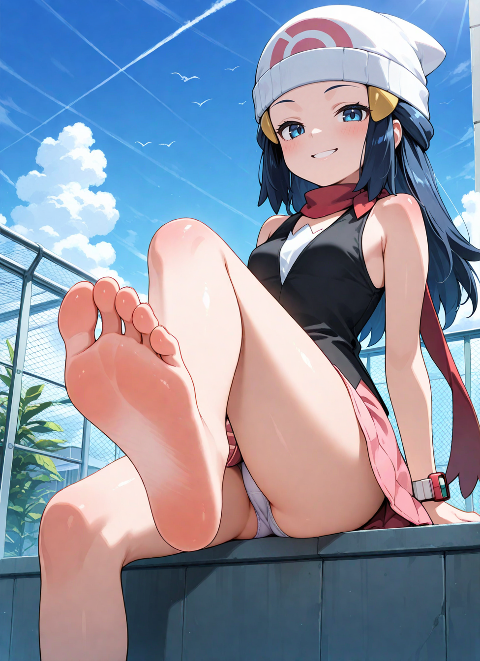 masterpiece, best quality, flat colors
BREAK
<lora:pokemon-dawn-ponyxl-lora-nochekaiser:1> pokemon dawn, black hair, blue eyes, sidelocks, long hair, bare shoulders, beanie, black shirt, bracelet, hat, jewelry, miniskirt, pink skirt, red scarf, scarf, shirt, skirt, sleeveless, sleeveless shirt, white headwear, dawn \(pokemon\), 
BREAK
barefeet,barefoot, (foot_focus, from_below), ((sole of a foot fills the entire screen)), smirk face, half-closed eyes, small breast, (sitting), feet pose, soles (one leg towards to viewer),  white panties peek, 
BREAK
rooftop deck with heaters and holiday garlands, <BREAK> , masterpiece, amazing quality, best quality, ultra-detailed, 8K, illustration, CG, clear skin, ultra-detailed-eyes, soft skin, shiny skin, shiny hair, very awa, very as2, anime coloring,, <BREAK> (body blush:1.2),
