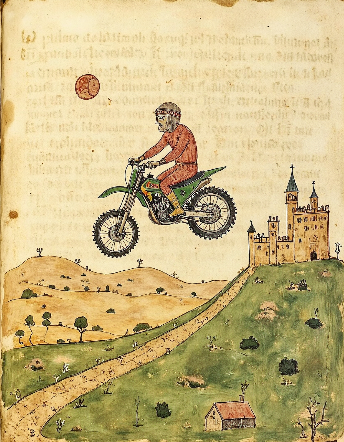 Illuminated manuscript illustration of a medieval motocross bike jumping over a small hill. castle in background.