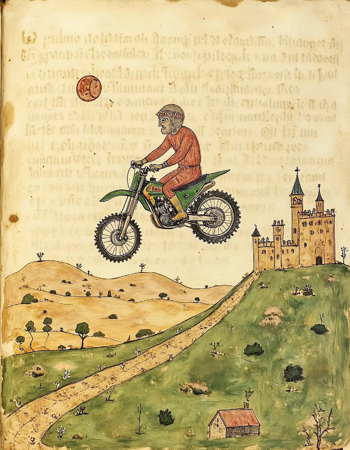 Illuminated manuscript illustration of a medieval motocross bike jumping over a small hill. castle in background.