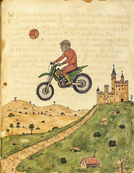 Illuminated manuscript illustration of a medieval motocross bike jumping over a small hill. castle in background.