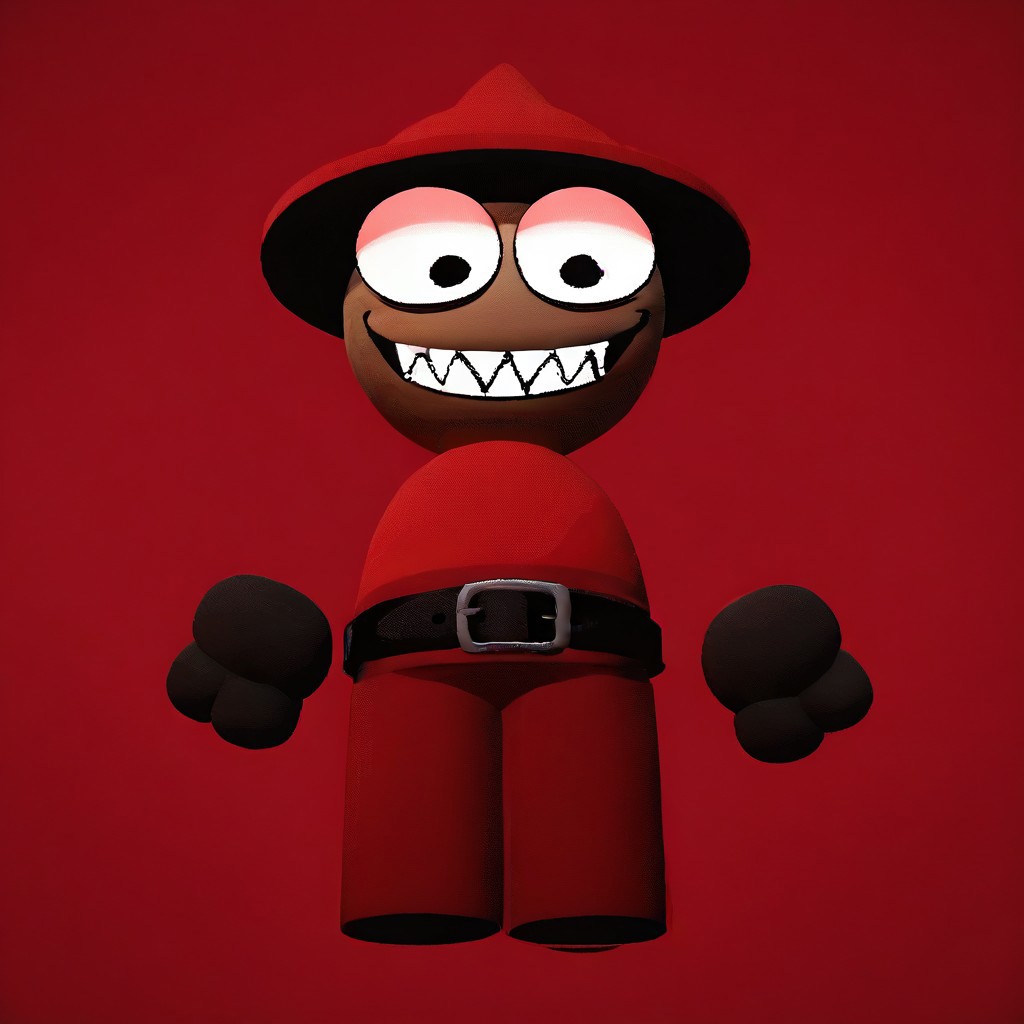 score_9, score_8_up, score_7_up, score_6_up, source_cartoon, ((3D, cartoon, 3D art, Bambisona style, no arms, bright colors, minimal shading, (round head), ((cartoon)), ((3d)),(solo:2), simple background,(((human))), 2D cartoon face)), black eyes, red hat, red shirt, black belt, red pants, sharp teeth, evil face, smiling, showing teeth, solo, 1boy, standing, black gloves, red background, standing on rocks, red glow