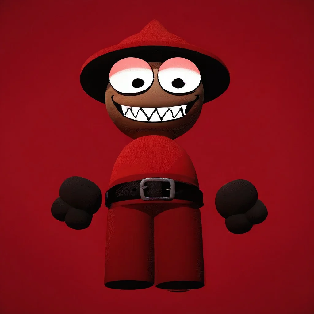 score_9, score_8_up, score_7_up, score_6_up, source_cartoon, ((3D, cartoon, 3D art, Bambisona style, no arms, bright colors, minimal shading, (round head), ((cartoon)), ((3d)),(solo:2), simple background,(((human))), 2D cartoon face)), black eyes, red hat, red shirt, black belt, red pants, sharp teeth, evil face, smiling, showing teeth, solo, 1boy, standing, black gloves, red background, standing on rocks, red glow