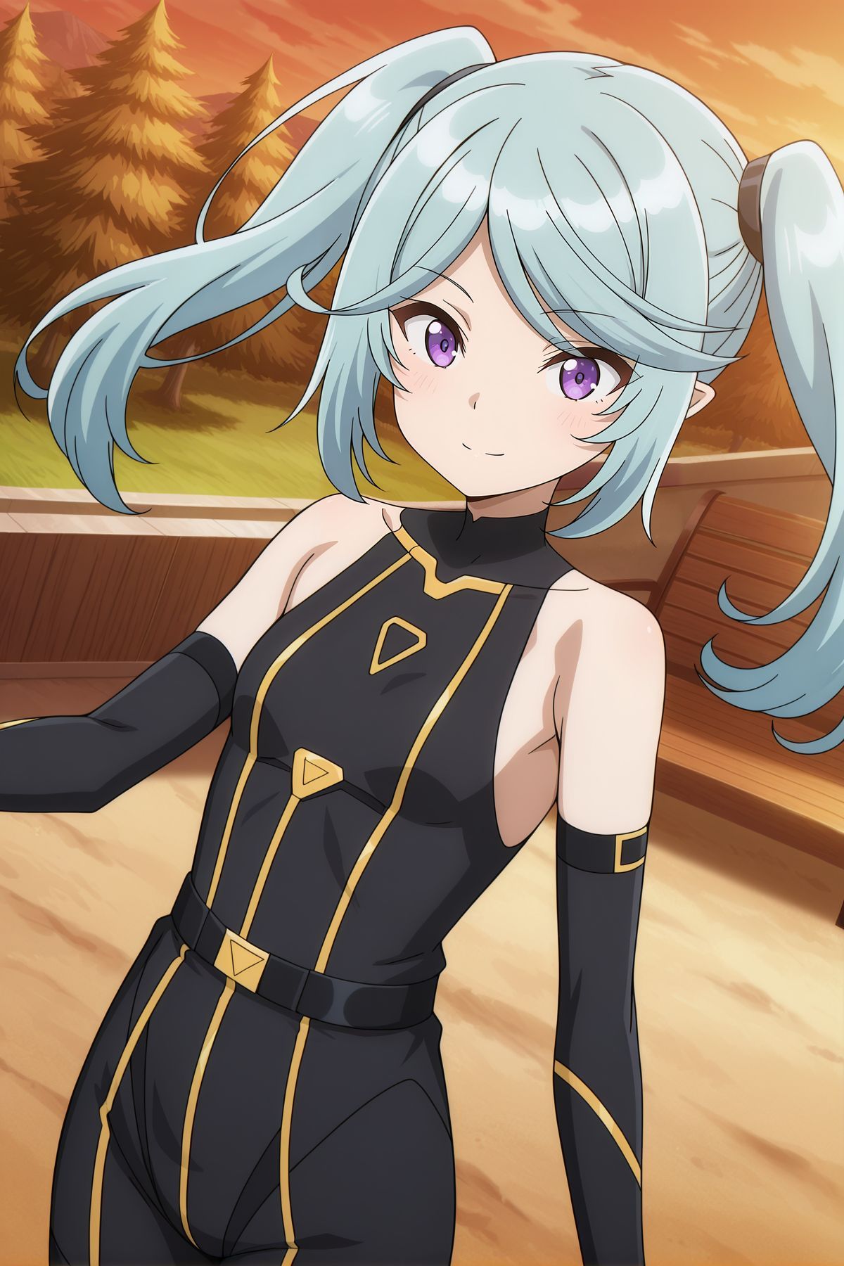 absurdres, highres, masterpiece, best quality, amazing quality, official anime artwork, screencap, anime screencap, outdoors, dynamic pose, looking at viewer, light smile,  
 <lora:Epsilon_Illustrious:1> Epsilon, 1girl, solo, purple eyes, blue hair, twintails, swept bangs, sidelocks, small breasts, aged down,, black bodysuit, elbow gloves, black gloves, bare shoulders,