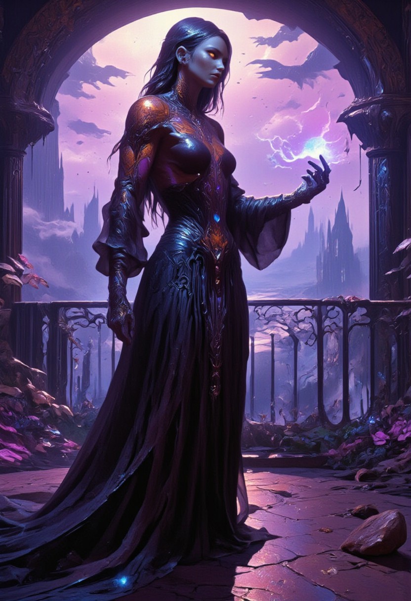 <lora:artilands:0.8>   <lora:CPA:0.7> anime, cyberpunk   <lora:dark_fantasy_flux:0.7> beautiful female
sorceress, sexy, magic, overlooking the mystical landscape, dragon flying in the distance,  flowing dress, absurdly long hair, floor length hair, very long hair, Perfect hand, standing, floor