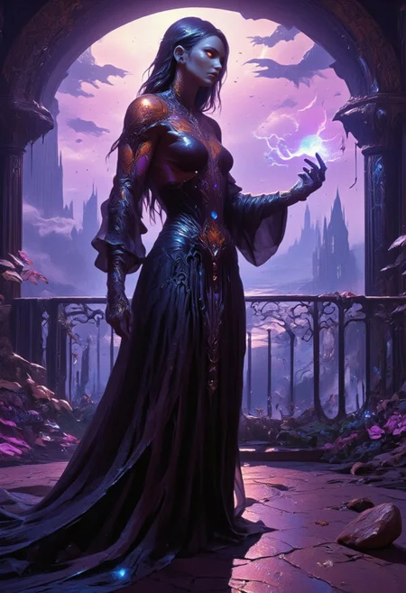 <lora:artilands:0.8>   <lora:CPA:0.7> anime, cyberpunk   <lora:dark_fantasy_flux:0.7> beautiful female
sorceress, sexy, magic, overlooking the mystical landscape, dragon flying in the distance,  flowing dress, absurdly long hair, floor length hair, very long hair, Perfect hand, standing, floor