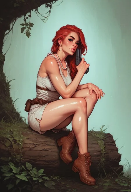 score_9, score_8_up, score_7_up, (score_9:1.1), (score_8:1.1), score_7, 1girl, highly detailed, fl1nts, from side,
red hair, 25yo, sexy, fair skin, shiny skin, short white dress, pearl necklace, sitting on a log, crossed legs, (smirk:0.4),
dark jungle, spooky, dinosaur,
swirling fog, outdoors,
<lora:fl1ntsXLP:0.5>
((full-clothed)), ((long big pistol in hands, handgun in hands))
BREAK
strange world background score_9, score_8_up, score_7_up, score_6_up, source_cartoon, rating_explicit, Expressiveh, (((((full body))))), dynamic pose