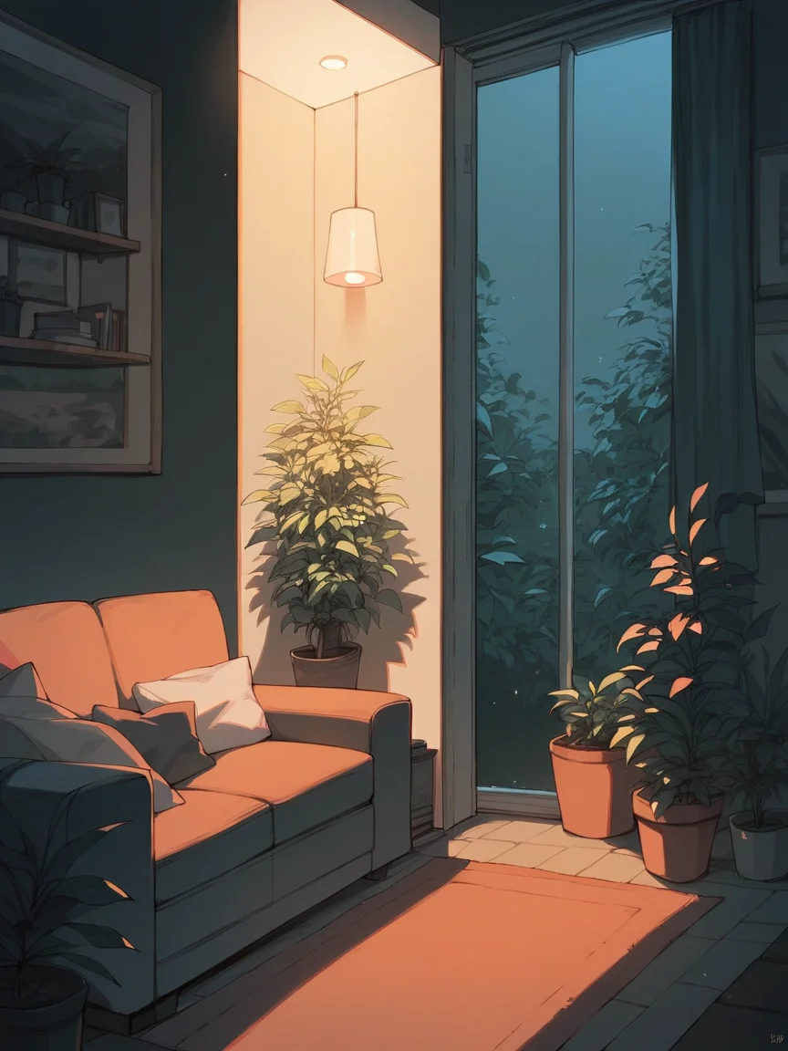 score_9, score_8_up, score_7_up, score_6_up, <lora:d4rkv1b3XLP:0.8> d4rkv1b3, dark, night, 1girl, sitting, potted plant, living room,