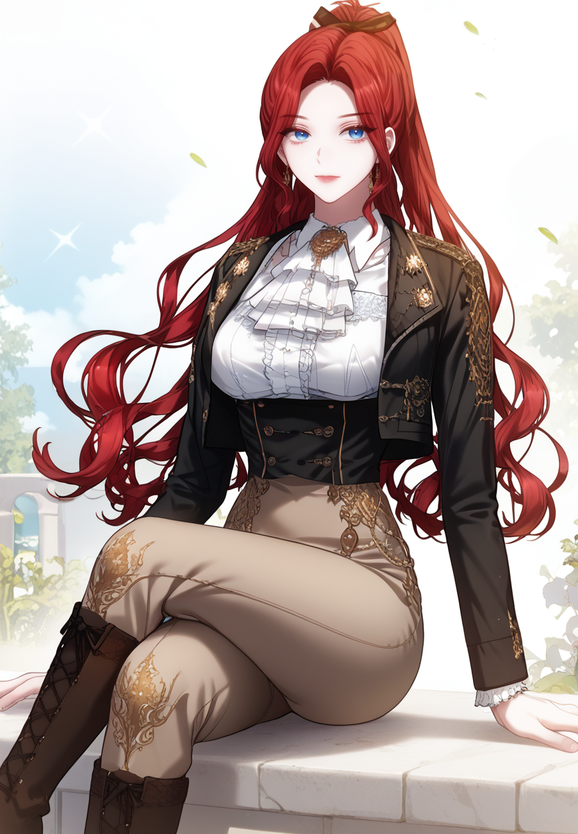 zPDXL3, score_9_up, score_8_up, score_7_up, (Anime_source),Masterpiece,(perfect female body:1.2), (incredibly detailed:1.4), slim, small waist, beautiful fingers, beautiful white skin, Beautiful clear skin, (large breasts:1.4)  looking at viewer, big breasts,  <lora:Hilaria_Guenièvre_-_Concubines_Invitation-Kaleid_PONY:1>hilariaguenievre, 1girl, blue eyes, red hair, long hair, ass, perfect ass, ponytail, jacket, pants, knee boots, sitting, crossed legs, (facing viewer:1.5)