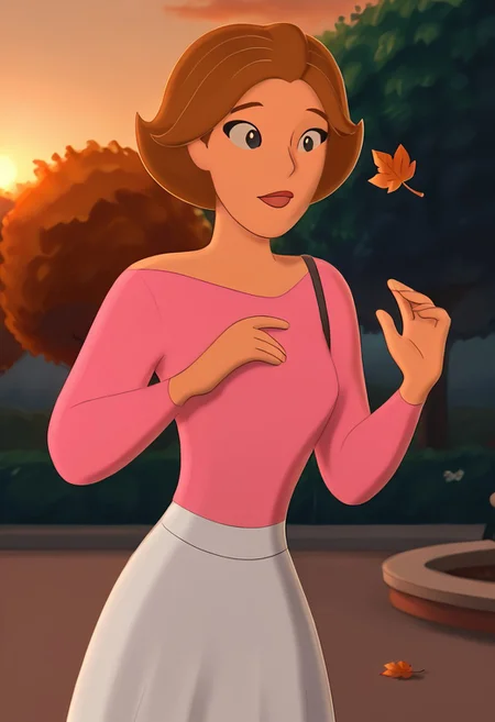 Maggie, Brown Hair, short hair, pink shirt, white skirt, in park, sunset, light shafts, blowing leaves, breeze, bashful, running hand through hair, detailed, masterpiece