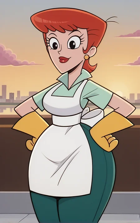 score_9, score_8_up, score_7_up, BREAK
MainOutfit_DextersMom_ownwaifu,
1girl, aqua shirt, breasts, collared shirt, earrings, eyelashes, green leggings, narrow waist, oven mitts, red hair, red lips, short hair, thick thighs, white apron, wide hips, yellow gloves, jewelry, lipstick, makeup, apron, black eyes, short sleeves,
(contrapposto, hand on hip), sunset, sidelighting, cityscape, vanishing point, outdoors, <lora:PONYXL_MOM_DextersMom_ownwaifu:1> , depth of field, solo,
