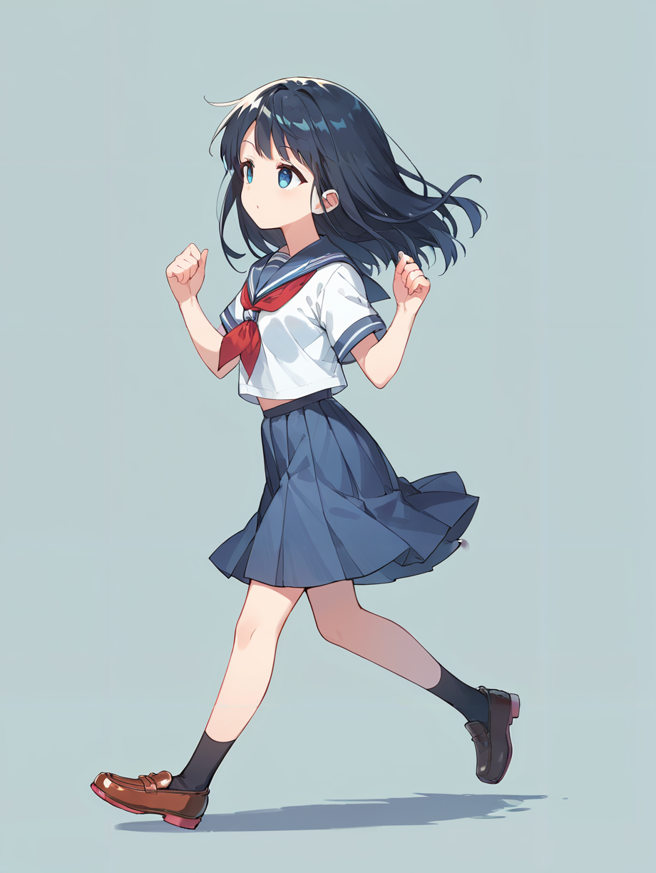 score_9, score_8_up, score_7_up,source_anime, high res image,masterpiece,best quality,(girl:1),cute face,clear skin,shiny hair,ultra detailed eyes,simple background   <lora:girl run_pony_V1.0:0.6> girl run, running, hands up,school uniform, shirt, skirt,shoes,from side
