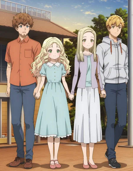 anime artwork  <lora:Hyper-SDXL-8steps-lora:1>,
masterpiece,best quality,highres,source_anime,anime screencap,anime coloring,megami magazine,,shiny skin,
<lora:medalist_IL:1>
,2boys,2girls,(Holding hands:1.5), standing, side-by-side,  4people,
[SEP]
,2boys,2girls,(Holding hands:1.5), standing, side-by-side,  4people,
trigger medalist, md_kago_kouichi, , short hair, blue eyes, shirt, blonde hair, brown hair, , short sleeves,collared shirt, ,, red shirt, beard, pocket, , stubble, goatee, orange shirt,arm hair,
[SEP]
,2boys,2girls,(Holding hands:1.5), standing, side-by-side,  4people, looking at another, 
trigger medalist,(md_kago_you:1), 1girl, long hair, shirt, blonde hair, , , green eyes, indoors, looking at another, facial hair, blue dress, drill hair, , parody,(child:1), , twin drills,curly hair, official style, shelf, noodles, kitchen, anime coloring, aqua dress, 
[SEP]
,2boys,2girls,(Holding hands:1.5), standing, side-by-side,  4people,
trigger medalist, md_kago_meiko, long hair, shirt, blonde hair, long sleeves, , jacket, yellow eyes,
outdoors, sky, bag, tree, shoulder bag, handbag, purple cardigan,
(white skirt:1.1), smile,
[SEP]
,2boys,2girls,(Holding hands:1.5), standing, side-by-side,  4people,
md_akeuraji_tsukasa, short hair, shirt, jacket, white shirt, yellow eyes, , pants, hood, hooded jacket, , grey jacket, jeans, blue pants,
long sleeves, , bulge crotch, . anime style, key visual, vibrant, studio anime,  highly detailed