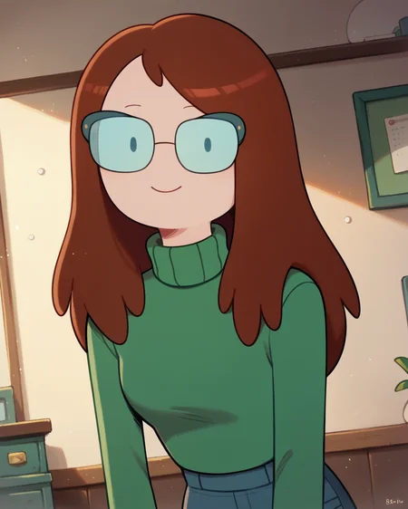 score_9, score_8_up, score_7_up, score_6_up, 1girl, solo, Betty, glasses, dot eyes, brown hair, long hair, green sweater, turtleneck, pants, looking at viewer, smile, seductive pose, dynamic angle, detailed background, indoors, <lora:Betty_PDXL:1>