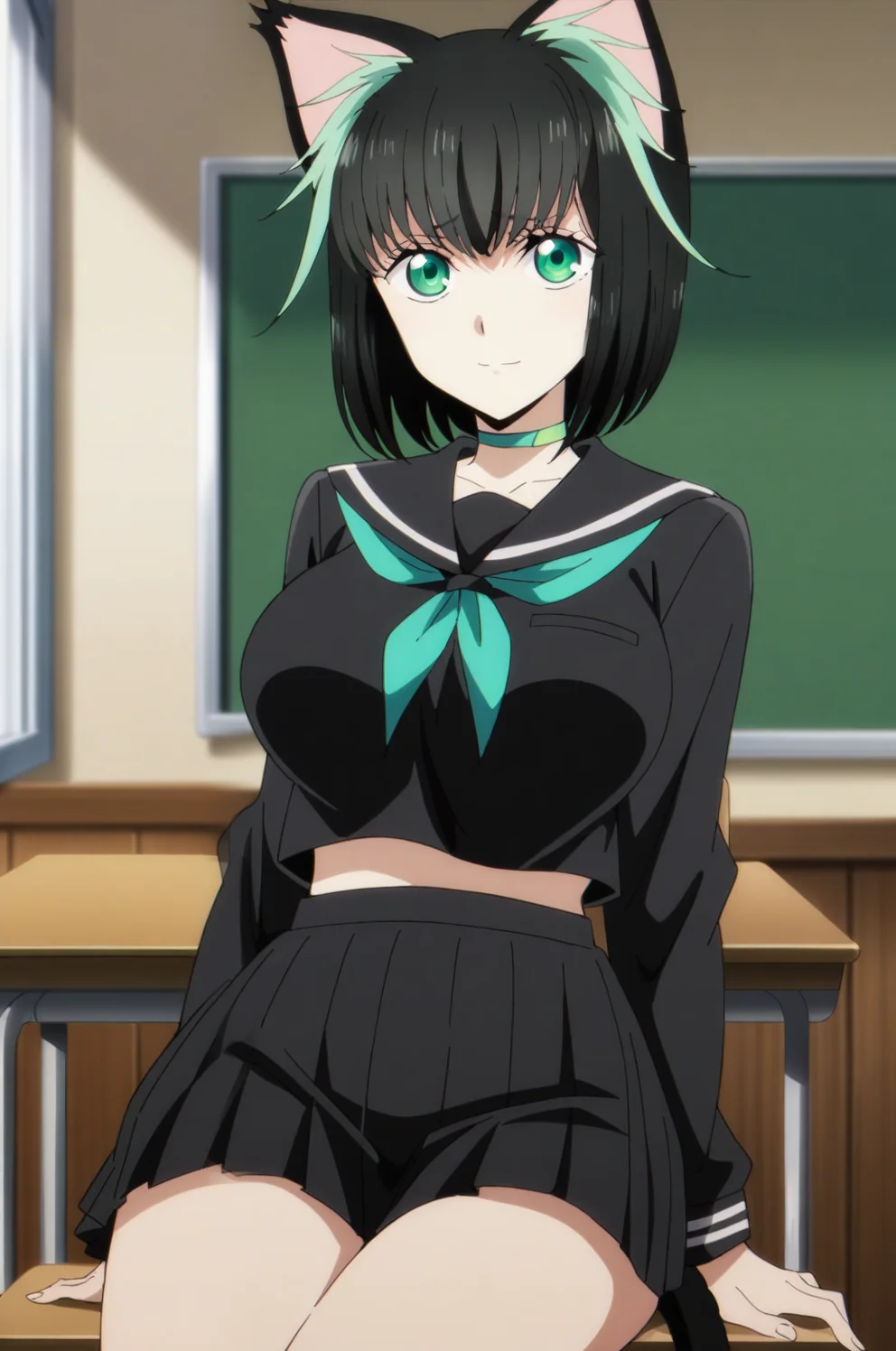 (masterpiece), (best quality), (intricate details, very aesthetic), good hands, 1girl, <lora:tama-animagine:0.8> tama_wz, black hair, two-tone hair, green hair, short hair, cat ears, large breasts, green eyes, large breasts, cat tail, chocker, serafuku, school uniform, miniskirt, pleated skirt, sitting, classroom, indoors, school chair, looking at viewer, light smile, light blush, board,