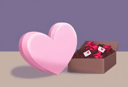 Only box of chocolates in shape of heart, letter with love on it, simple background,