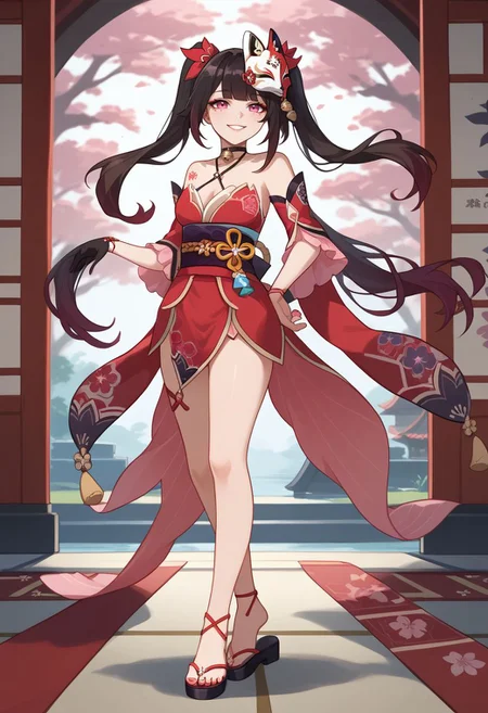 score_9, score_8_up, score_7_up, source_anime, 1girl, sparkledef, pink eyes, long hair, twintails, fox mask, mask on head, bell, black choker, bare shoulders, flower tattoo, criss-cross halter, detached sleeves, red dress, japanese clothes, obi, black sash, black gloves, single glove, thigh strap, sandals, standing, smile, looking at viewer, indoors, shrine, close-up, facing viewer, hands on hips, <lora:Sparkle_v1-000010:0.8>