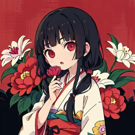 enma ai, hair down, hair black, bangs, eyes red, masterpiece, best quality, ultra-detailed, illustration, 1girl, solo, highres, photorealistic, ultra high res, (Original illustration composition), (fusion of limited color,Maximalism artstyle, kimono obi fashion, double exposure, background, illustration, Amazing, lily spider, night darkness, open one's mouth, finger, bouquet flowers red, low twintails, (polychromatic peony:1.15), Movie poster,