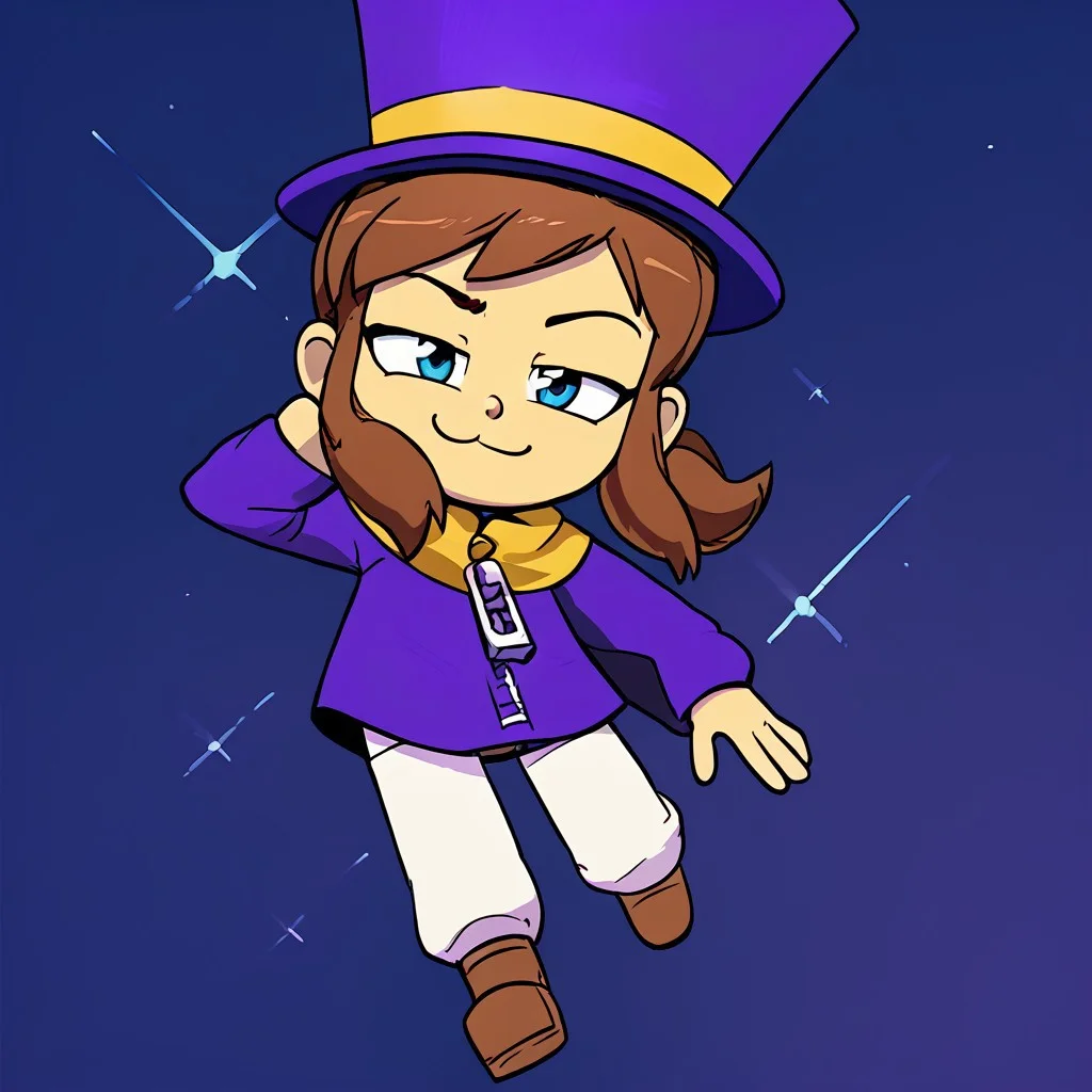 1girl, solo, hat-kid, brown hair, sidelocks, ponytail, blue eyes, purple top hat, purple dress, zipper pull tab, white pants, brown footwear, smug faces, closed mouth, giggling, score_9, score_8_up, score_7_up, perfect anatomy, source_anime, zPDXL2, space background, smug dancing