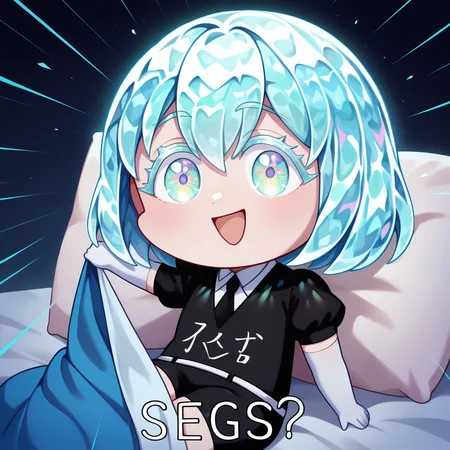 masterpiece, best quality, newest, absurdres, highres, chibi, open mouth, smile, english text, :d, looking at viewer, blanket, pillow, holding, <lora:SegsMeme_illusXLNoobAI_Incrs_v1-000012:1>, anime coloring, <lora:Hoseki_LandOfTheLustrous_Diamond_IllustriousXL_v1_973550:1> 1other, d1am0nd, white skin, crystal hair, colored eyelashes, multicolored eyes, multicolored hair, short hair, hair between eyes, black shirt, puffy short sleeves, white collared shirt, black necktie, elbow gloves, white gloves, black shorts, white belt,