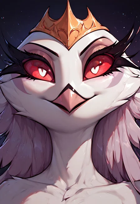 masterpiece, score_9, score_8_up, score_7_up, score_6_up, score_5_up, masterpiece, best quality, ultra-detailed, high resolution, solo, highly detailed portrait, Stella, from helluva boss, owl demon, close-up, white feathers, red eyes, regal expression, (elegant pose), (beautiful detailed eyes), ((focus on face)), sharp focus, perfect lighting, dark background, high contrast, high detail, expressive face, smooth shading, royal atmosphere, zPDXL2, stella,<lora:Stella_PDXL_V2_epoch_2:1>, beak, anthro