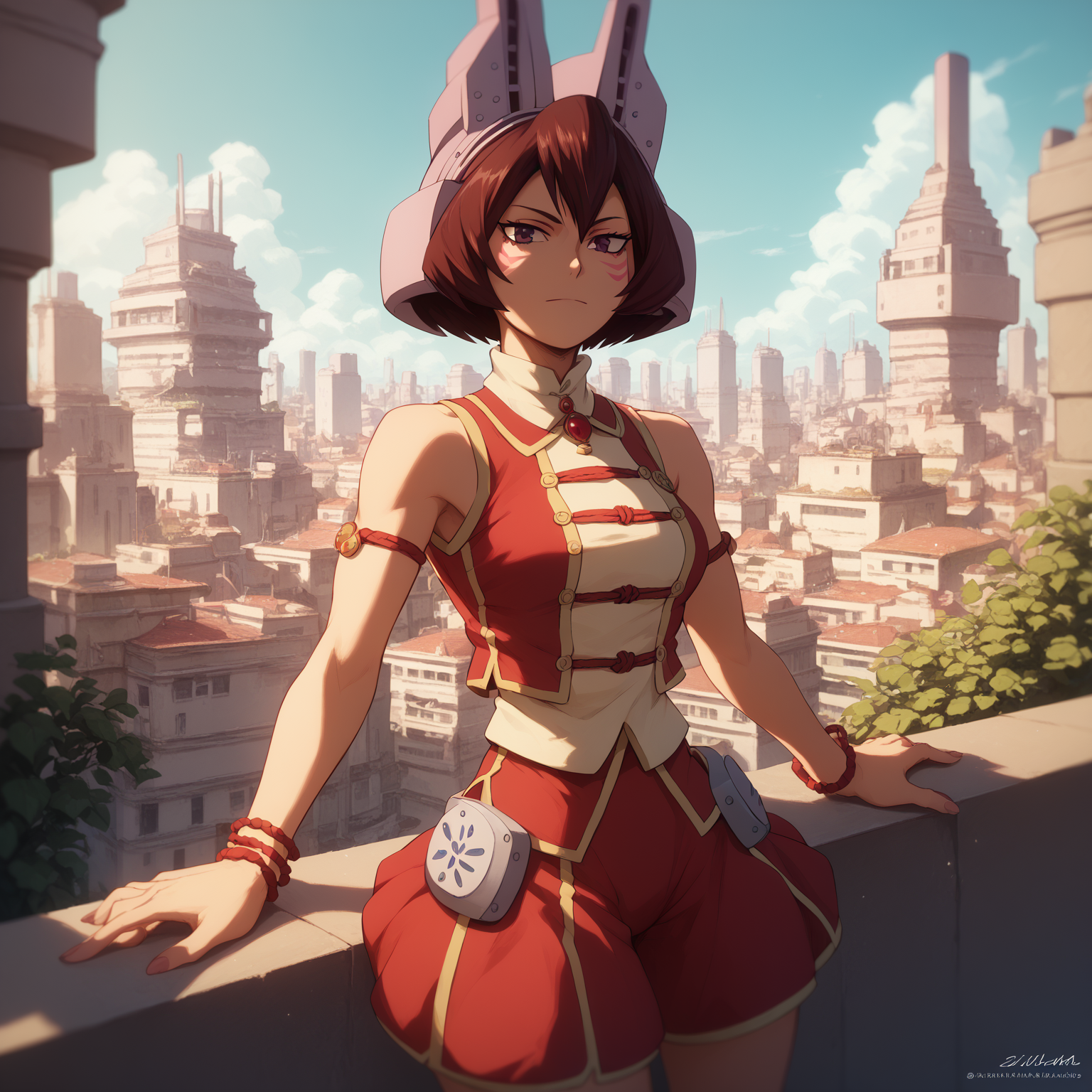 <lora:SlimesMandalay-000005:1>, score_9, score_8_up, score_7_up, slimes_mandalay, woman, solo, waist up, city background, straight on POV