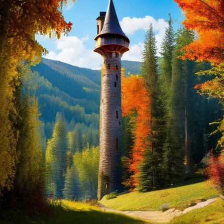 realistic analog photo, award winning photo, vary wide shot of stone witow tower:1.3, no humans, scenery, blue sky, auwo, in a autumn forest, dirt road, lush grassland, Wildflowers, nature, outdoors, RAW, highres, 8k, uhd, High Dynamic Range, tonemapping, crisp details,