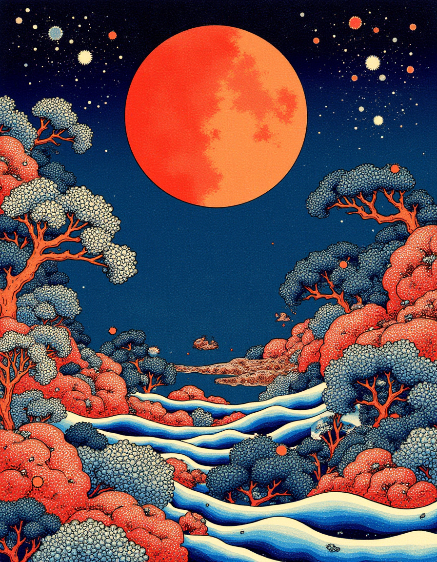 Ukiyo-e style by Hokusai, a vibrant otherworldly microscopic landscape, with cells and molecules interacting in a dance of life, dynamic and detailed style