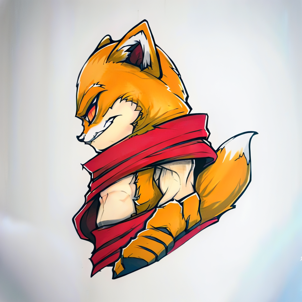 blonde hair, crack, sly expression, fox from league of legends chibi, tiger,  red scarf, cloak with hood,  concept art, gloves, colored sclera, teeth, orange fur, barefoot, blue sky, abs