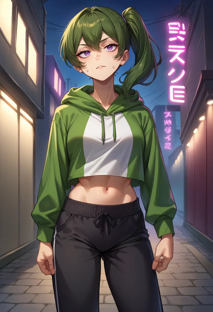score_9, score_8_up, source_anime, 1girl, solo, UbelFrieren, purple eyes, dark green hair, medium hair, side ponytail, stylish outfit, hip hop, hoodie, sweatpants, midriff, night, alley, neon lights, confident stance, <lora:CHAR-UbelPonyXL:1>