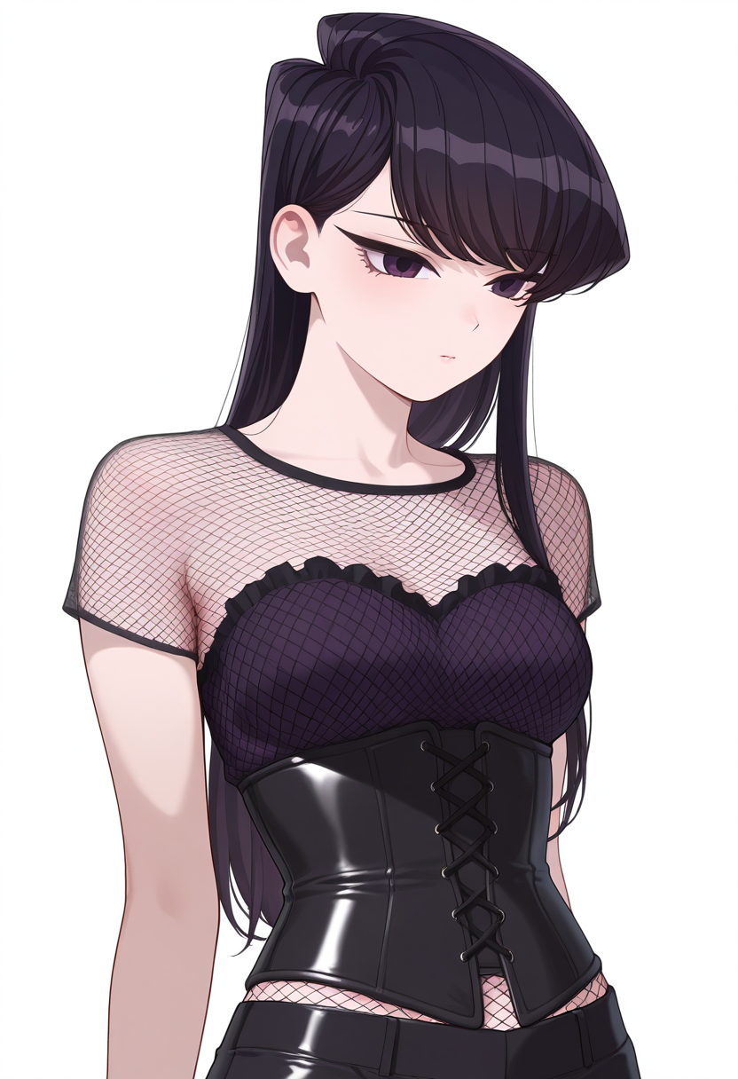 Smooth Quality,masterpiece,very intricate, high quality details, ultra realistic, high detailed skin,detailed enviorement,
simple background, white background,front view,x3,
 slim fit pants,  ,corset top,  ,fishnet top,  , <lora:Komi_Shouko_cnn:0.8> komi shouko, 1girl,black hair, long hair, bangs, purple eyes,