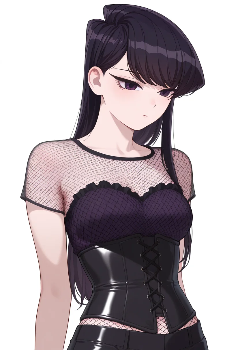 Smooth Quality,masterpiece,very intricate, high quality details, ultra realistic, high detailed skin,detailed enviorement,
simple background, white background,front view,x3,
slim fit pants, ,corset top, ,fishnet top, , <lora:Komi_Shouko_cnn:0.8> komi shouko, 1girl,black hair, long hair, bangs, purple eyes,