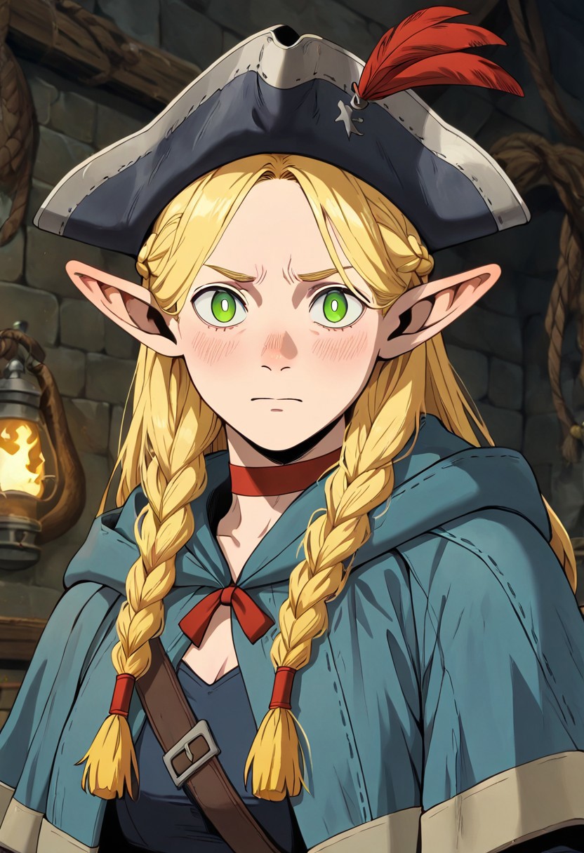 masterpiece, best quality, newest, absurdres, highres, anime, anime style, PAV1.0IL, pirate, pirate hat, 
1girl, marcille_donato \(dungeon_meshi\), elf, pointy ears, green eyes, blonde,