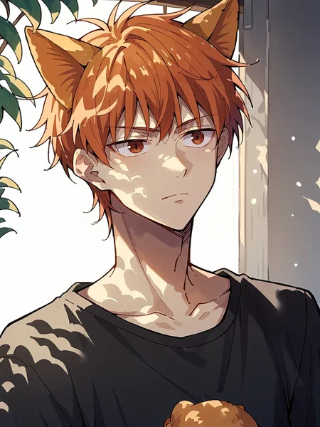 score_9, score_8_up, score_7_up, score_6_up, score_5_up, <lora:dappledlightXLP:1> dappled light, dappled sunlight, <lora:KyoSohmaXLP:1> kyo sohma, 1boy, solo, orange hair, brown eyes, black shirt, cat ears