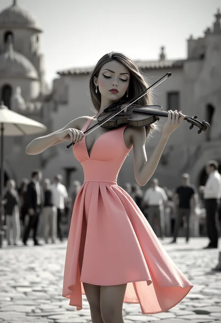 3dc4r1c4t9r3a, A beautiful female electric violinist, wearing pink dress,  alone in a big desert Italian place.  Everything else in the image is black and white, including the background and architectural elements.Spotlight on the violinist, Engrossed crowd, High contrast, Intricate violin details, Dynamic performance pose. diclrpp