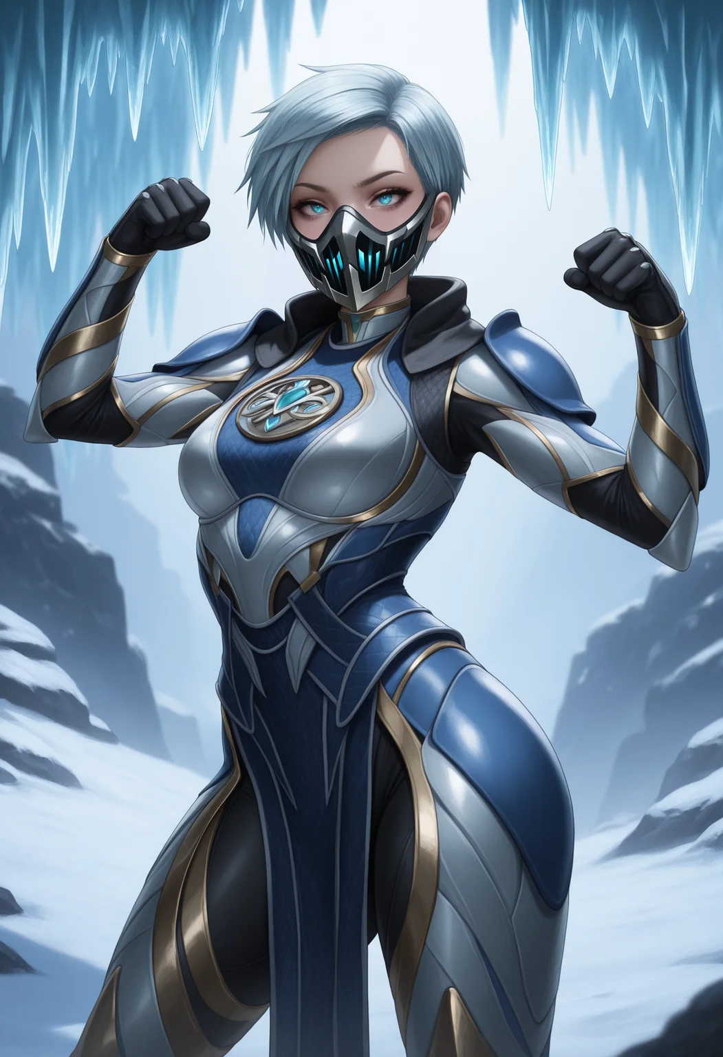 masterpiece, best quality, amazing quality, 1girl, fr0stmk11, <lora:frost_illustrious_byJaneB:1> , mask
armor, battle pose, icicle,