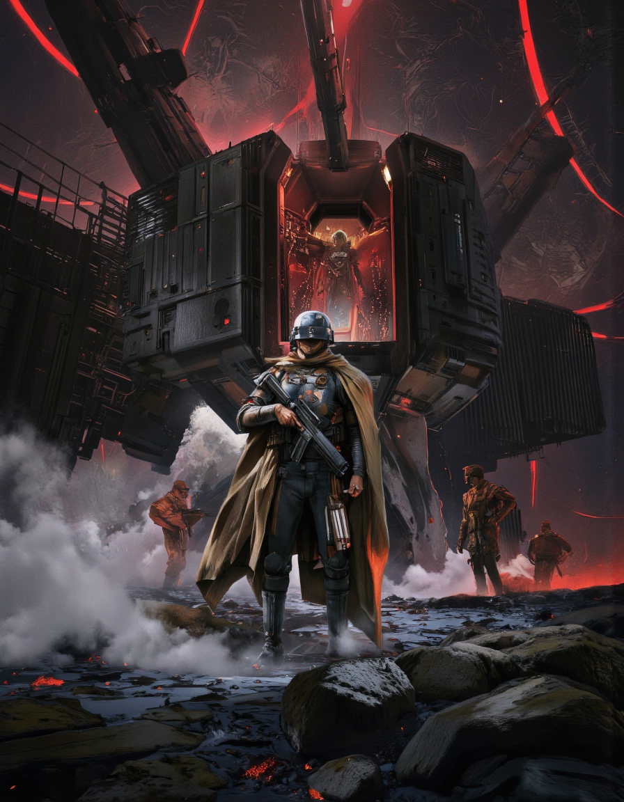 Art by Zhang Jing. A sci-fi digital illustration shoot from a low angle about a futuristic scene featuring a group of soldiers in a dimly lit industrial environment. the scene is set in a large, metallic structure with a high ceiling and glowing red lines. on the left side of the image, a lone soldier stands in the middle of the scene, wearing a helmet and holding a gun, facing away from the viewer. he appears to be in a battle-ready stance, with a determined expression on his face. to his right, another soldier stands behind him, holding a weapon in his hand. in the background, a few other soldiers can be seen, observing the scene. the overall atmosphere is intense and dramatic, with smoke and rocks surrounding the soldiers and a glowing red light illuminating the scene from behind.
