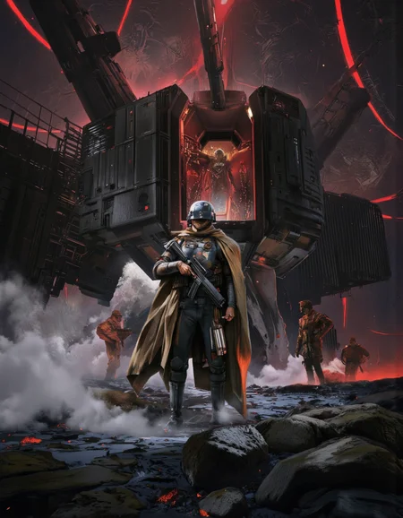 Art by Zhang Jing. A sci-fi digital illustration shoot from a low angle about a futuristic scene featuring a group of soldiers in a dimly lit industrial environment. the scene is set in a large, metallic structure with a high ceiling and glowing red lines. on the left side of the image, a lone soldier stands in the middle of the scene, wearing a helmet and holding a gun, facing away from the viewer. he appears to be in a battle-ready stance, with a determined expression on his face. to his right, another soldier stands behind him, holding a weapon in his hand. in the background, a few other soldiers can be seen, observing the scene. the overall atmosphere is intense and dramatic, with smoke and rocks surrounding the soldiers and a glowing red light illuminating the scene from behind.