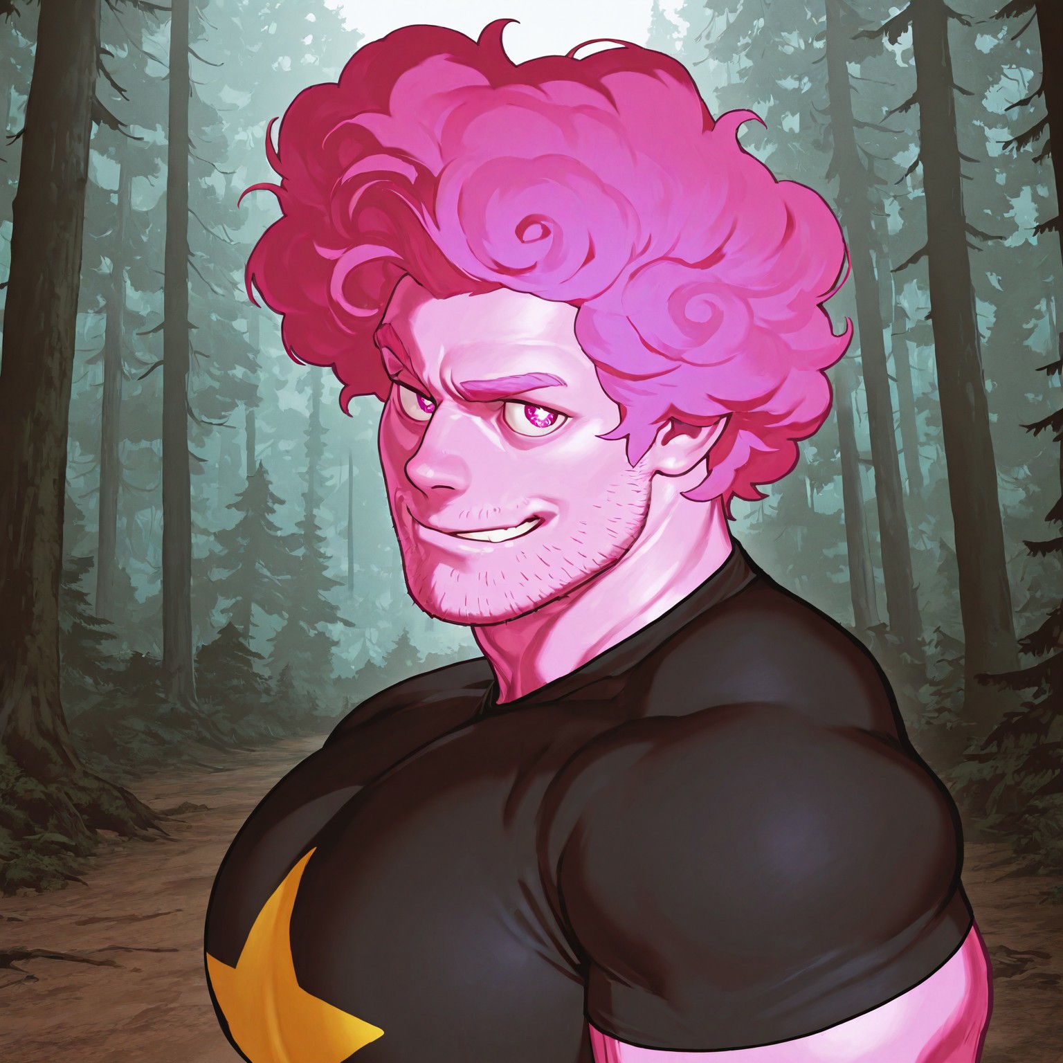 masterpiece, best quality, absurdres, newest, perfect quality, best quality, absolutely eye-catching, detailed background, intricate details, bara, 1boy, male, male focus, solo, pink skin, pink hair, fluffy hair, curly hair, forehead, pink eyes, stubble, black t-shirt, star symbol, ripped shirt, ripped sleeves, bara, muscular, large pectorals, large biceps, face close-up, portrait, looking at viewer, side view, smirk, forest scenery, very awa, best quality, absurdres, newest, perfect quality, detailed background, intricate details, (artist:rokudenashi:0.8), (artist:dizdoodz:0.7), (artist:gomtang:0.6)