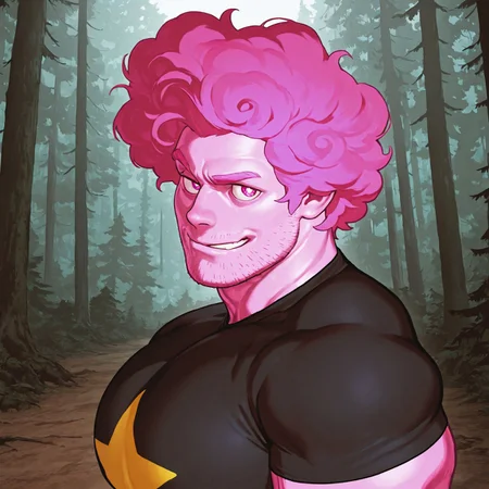 masterpiece, best quality, absurdres, newest, perfect quality, best quality, absolutely eye-catching, detailed background, intricate details, bara, 1boy, male, male focus, solo, pink skin, pink hair, fluffy hair, curly hair, forehead, pink eyes, stubble, black t-shirt, star symbol, ripped shirt, ripped sleeves, bara, muscular, large pectorals, large biceps, face close-up, portrait, looking at viewer, side view, smirk, forest scenery, very awa, best quality, absurdres, newest, perfect quality, detailed background, intricate details, (artist:rokudenashi:0.8), (artist:dizdoodz:0.7), (artist:gomtang:0.6)