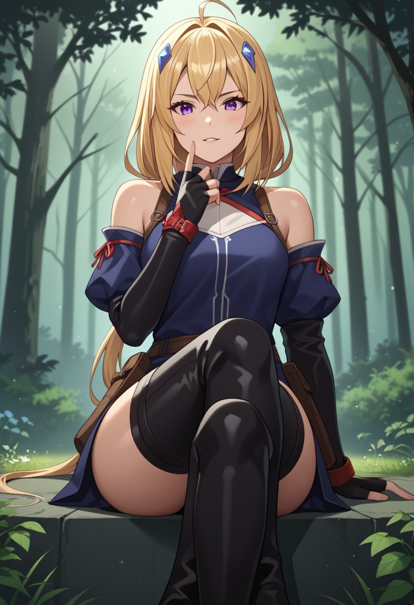 zPDXL3, score_9_up, score_8_up, score_7_up, (Anime_source), 1girl, Ines Harness from Parry, purple eyes, blonde hair, long hair, low tie ponytail, parted lips, STANDING ON WHITE BACKGROUND, air_bow, red_bow, red_ribbon, bare_shoulders, elbow_gloves, belt, bet_pouch, fingerless_gloves, shirt, detached_sleeves, black_shorts, thigh_boots sitting_pose, hand_on_own_knee, hand_on_own_thigh, hand_on_own_chin, crossed_legs, looking_at_viewer, pout, slight_smile, light_blush, parted_lips, amaranth_forest, towering_trees, glowing_mist, bioluminescent_flowers, peaceful_wildlife, ethereal_light, mystical_vibes, tranquil_aura, vibrant_foliage, glowing_fog, magical_atmosphere, fantasy_nature, painterly_style