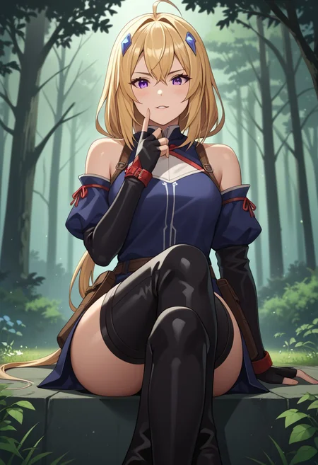 zPDXL3, score_9_up, score_8_up, score_7_up, (Anime_source), 1girl, Ines Harness from Parry, purple eyes, blonde hair, long hair, low tie ponytail, parted lips, STANDING ON WHITE BACKGROUND, air_bow, red_bow, red_ribbon, bare_shoulders, elbow_gloves, belt, bet_pouch, fingerless_gloves, shirt, detached_sleeves, black_shorts, thigh_boots sitting_pose, hand_on_own_knee, hand_on_own_thigh, hand_on_own_chin, crossed_legs, looking_at_viewer, pout, slight_smile, light_blush, parted_lips, amaranth_forest, towering_trees, glowing_mist, bioluminescent_flowers, peaceful_wildlife, ethereal_light, mystical_vibes, tranquil_aura, vibrant_foliage, glowing_fog, magical_atmosphere, fantasy_nature, painterly_style