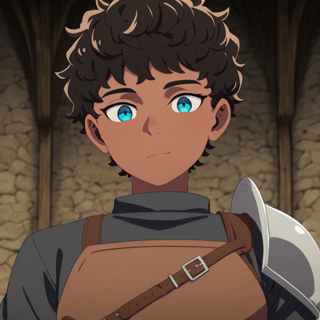 masterpiece, best quality, newest, absurdres, highres, 
DMStyle-DmpackV1.0, official style,
DMPACK-1-Kabru, dark skin, dark-skinned male, brown hair, curly hair, armor, blue eyes,