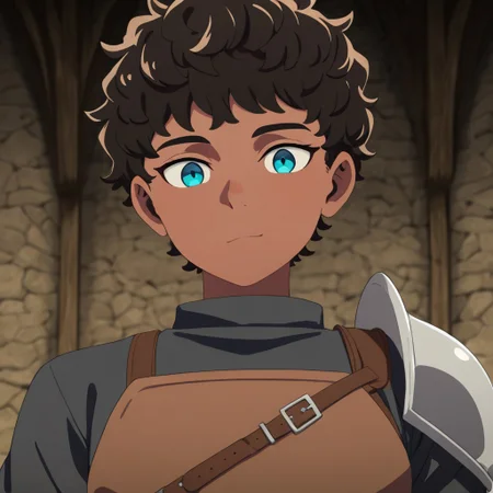 masterpiece, best quality, newest, absurdres, highres,
DMStyle-DmpackV1.0, official style,
DMPACK-1-Kabru, dark skin, dark-skinned male, brown hair, curly hair, armor, blue eyes,