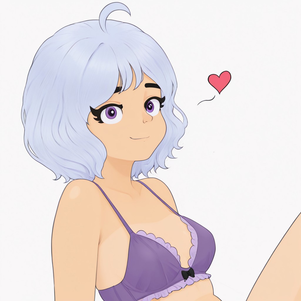 lighting style, looking to viewer, up close, RnZstyle, black pupils, ahoge, oval eyes, big eyes, 1 female, only female, shading style, eyelashes style, face style, eyes style, white sclera, curly eyelashes, Kaeli Xyovka 2, right fringe hair, short hair, French skyblue hair, sitting on chair, orange and apricot skinned female, french skblue hair, small breasts, orange and apricot skin, short hair, curly-wavy hair, purple eyes, short hair, purple bra lingerie, thin face style, smirking, hearts in air, looking at viewer, side view, black eyelashes,
